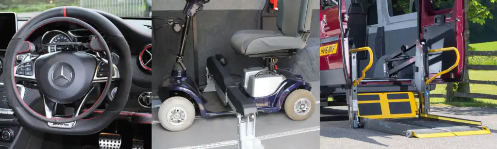 Collage showing Adapting Cars for Disabled Drivers: a car steering wheel with hand controls, a mobility scooter inside a vehicle, and a van with a wheelchair lift extended to the ground.