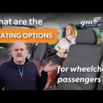 A man shrugs in the foreground while a woman sits in a wheelchair inside a car, with text discussing seating options for wheelchair passengers.