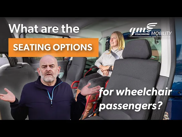 A man shrugs in the foreground while a woman sits in a wheelchair inside a car, with text discussing seating options for wheelchair passengers.