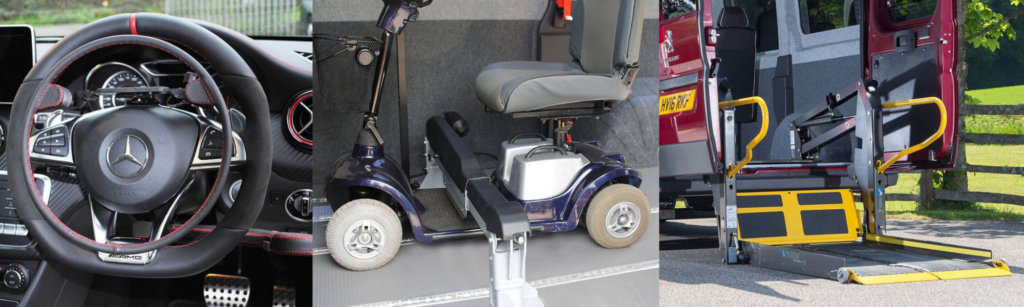 Collage showing Adapting Cars for Disabled Drivers: a car steering wheel with hand controls, a mobility scooter inside a vehicle, and a van with a wheelchair lift extended to the ground.